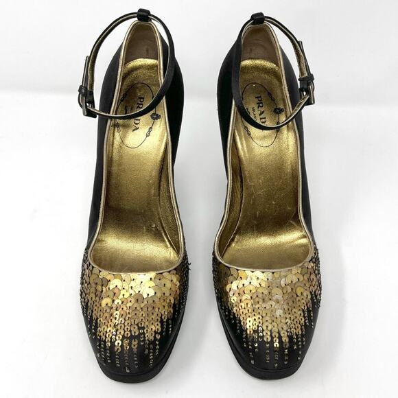 Prada Black Satin Gold Sequins Embellished Mary Jane Platform Pumps - Picture 2 of 9